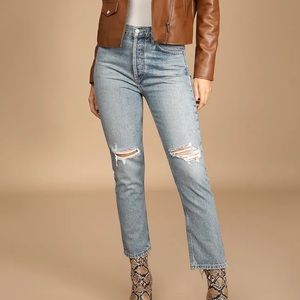 AGOLDE High Rise Distressed Straight Leg Jeans Medium Light Wash Size 33